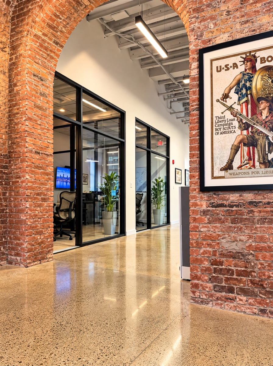 The glass-walled offices along a brick archway at the Hondius Capital Management office in South Norwalk